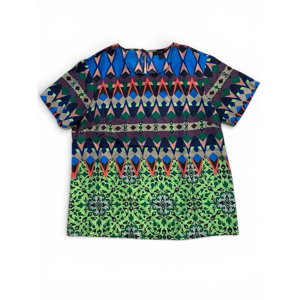 J.Crew Silk Top Women's Size 6 Multicolor Gemstone Floral Printed Short Sleeve